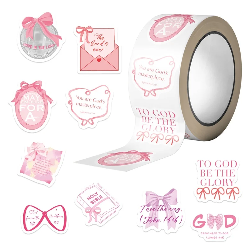 500PCS Kawaii Pink Bow Sticky Paper Sticker Labels Thank You Sticker Sealing DIY Decoration Scrapbooking Supplies for Kids