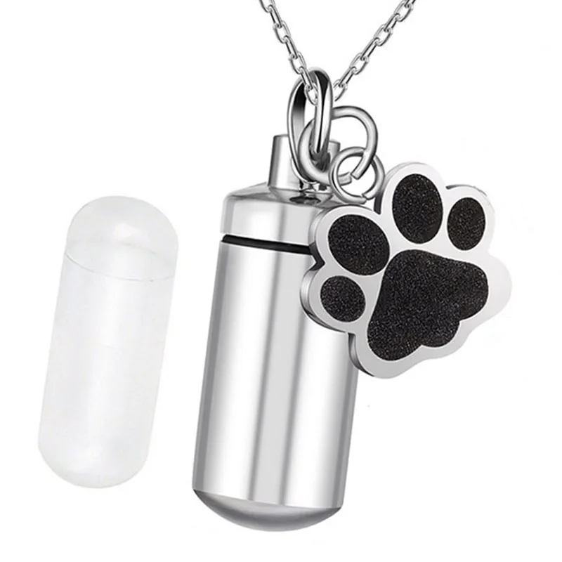 

Hot Selling Titanium Steel Memorial Family Pet Urn Pendant Can Open Cylinder Claw Print Perfume Bottle Necklace