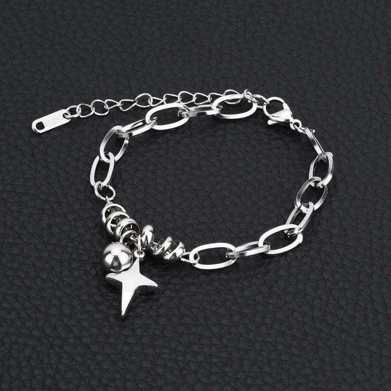 Silver Chunky Oval Link Chain Bracelet, Five Point Star Ball Bead Charms Adjustable Y2K Wrist Jewelry for Women and Men
