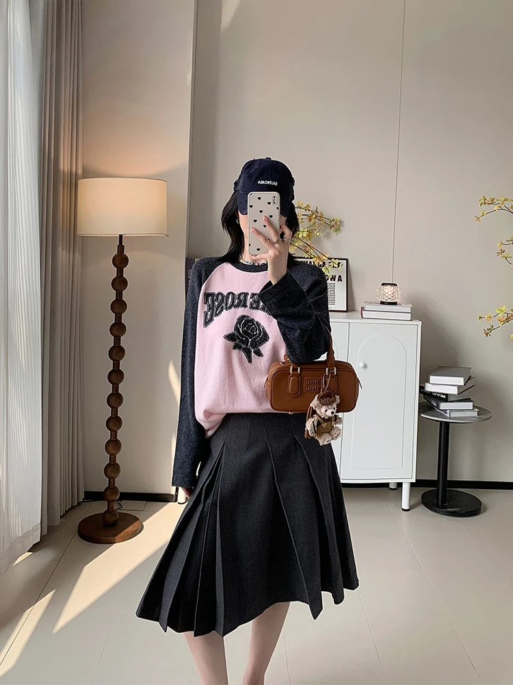 

High Waist A-Line Midi Skirt with Belt Grey Series Women's Fashion plus Size Pleated Skirts Cover Hip Simple Commute Style