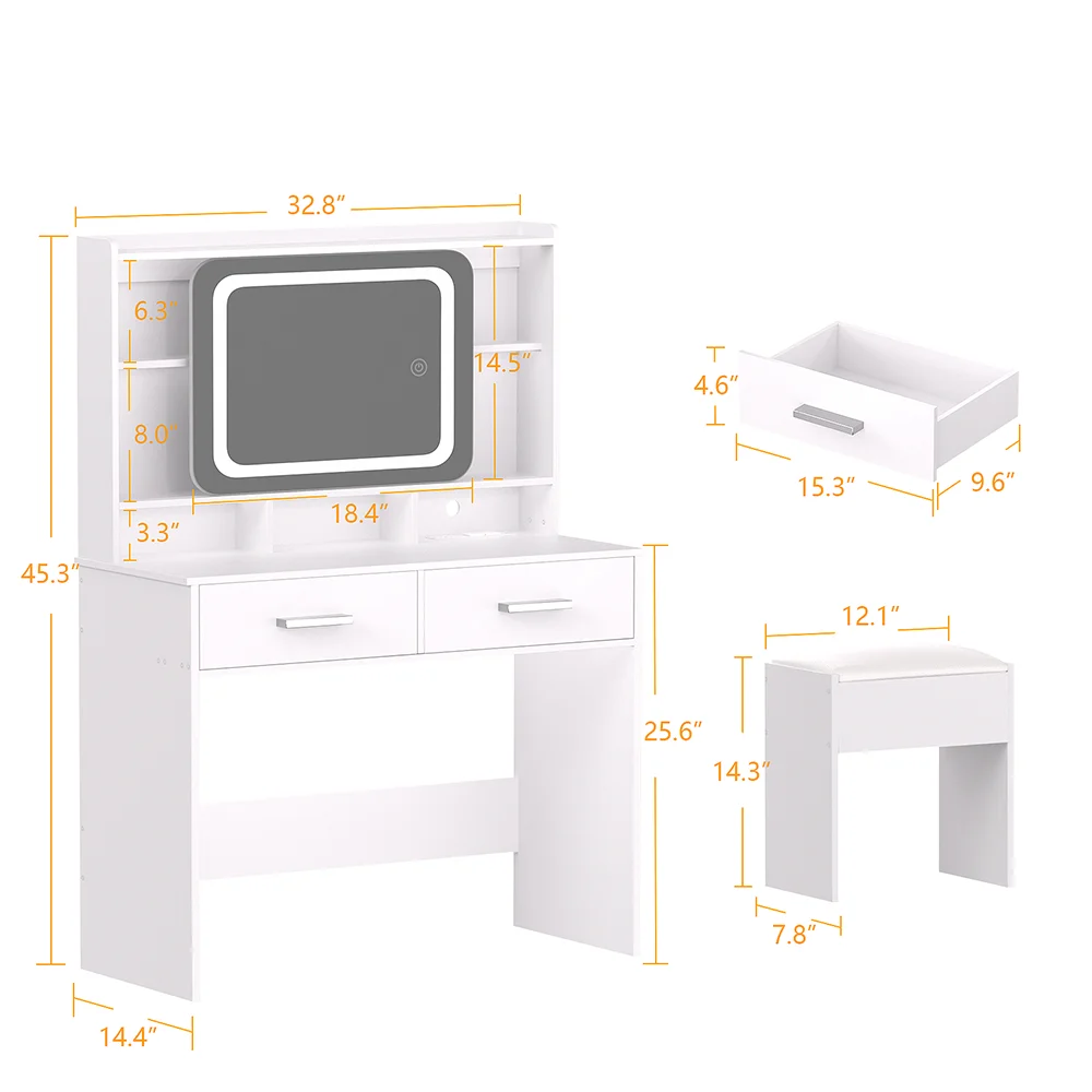 TAYAO White Vanity Desk with LED Lights Mirror Power Outlet and Chair 3 Lighting Modes 2 Drawers, 2 Shelves and Cushioned Stool image 4
