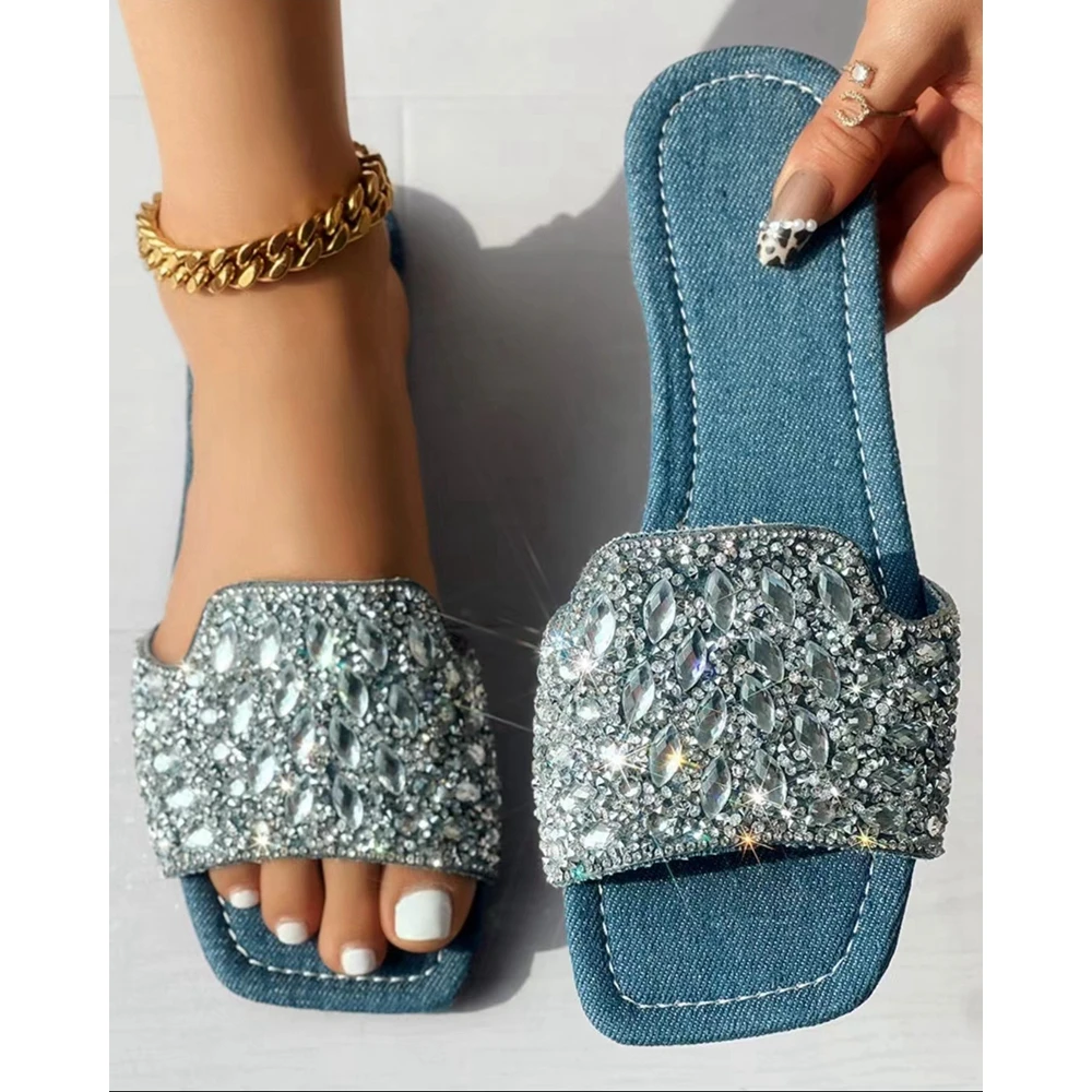 Summer Women Rhinestone Decor Outdoor Slippers Denim Wide Strap Flat Beach Slippers Luxury Sandals Summer Women Casual Shoes