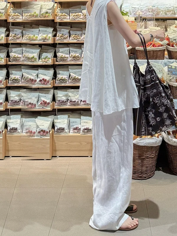 Conjunto de Verano Auténtico, Nuevo, Informal, de Alta Gama, Cseta sin Mangas de Lino y Aodón, Plones Anchos, Conjun...