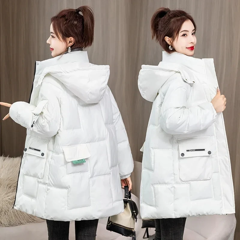 Winter Parka Woman Long Jacket Hooded Detachable Thicken Loose Zipper Pockets Warm Snow Wear 2024 New Woman Padded Coat