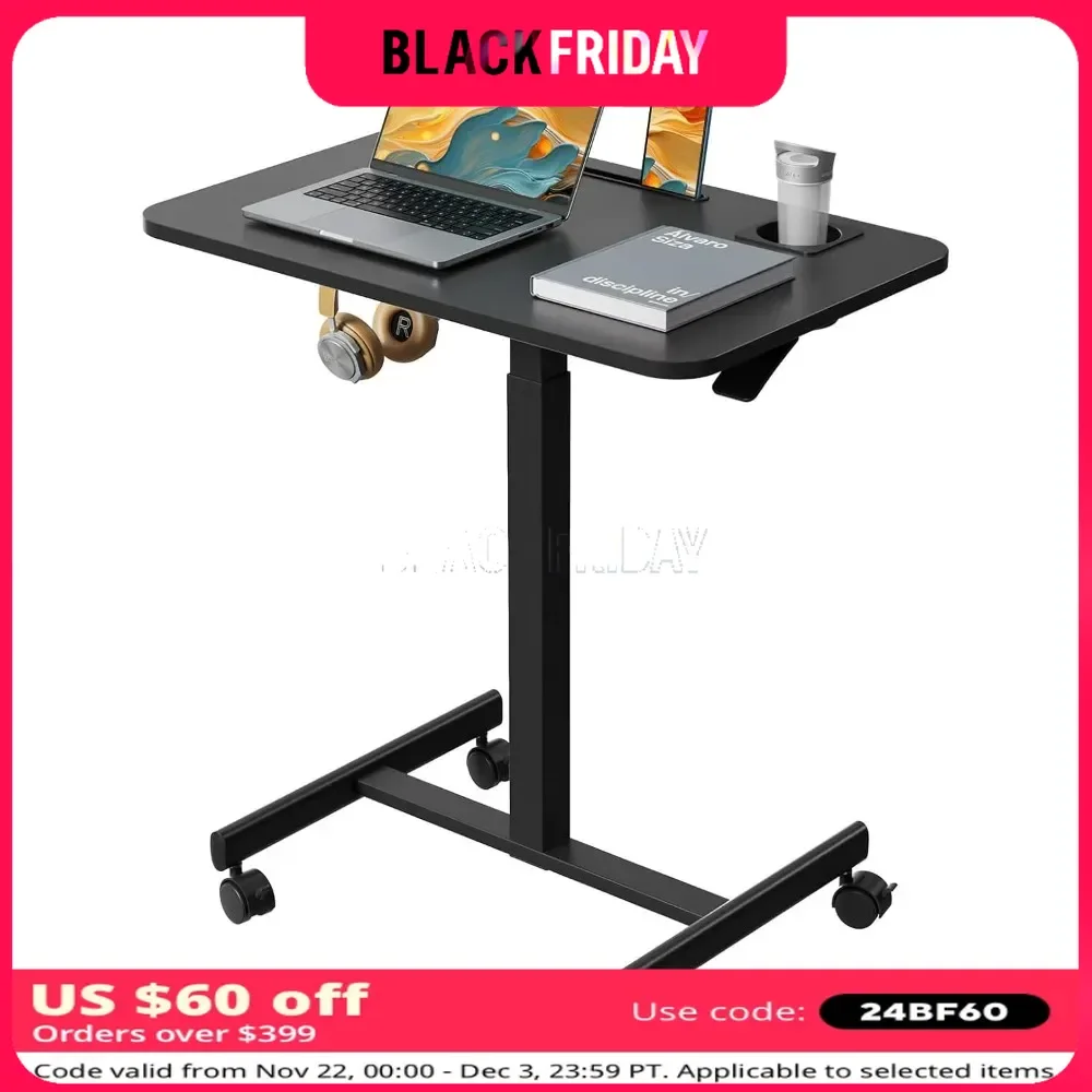 

Mobile Standing Desk, Rolling Laptop Table Adjustable Height with Cup Holder, 28 Inch Portable Desk Workstation with 4 Wheels