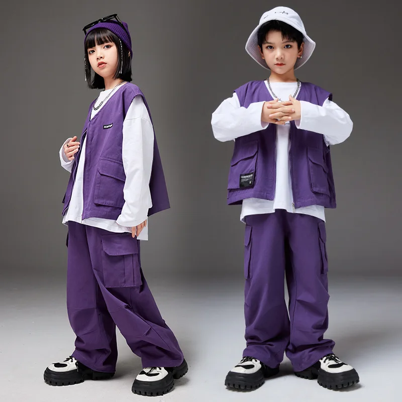 Trajes de baile de salón para niños y niñas, chaleco morado holgado + pantalones Cargo informales, 2 piezas, ropa de actuación de Jazz, traje de escenario Kpop