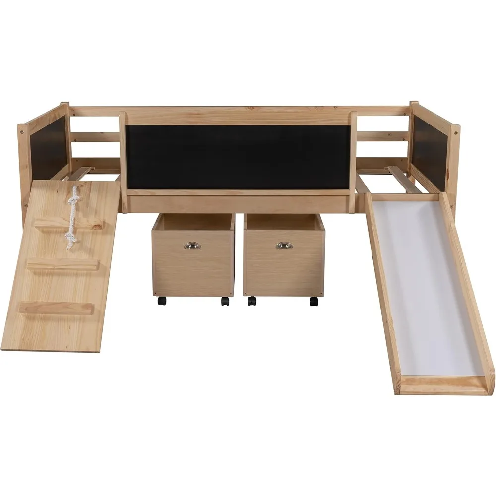 Estrutura de cama loft dupla com escorregador, caixas de armazenamento, escada de escalada e quadro de giz, estrutura de cama loft moderna multifuncional