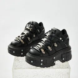 2025 New Punk Style Women Black Rock Metal Decor Lace-up Heel Height Platform Shoes Gothic Man Sneakers Women Ankle Boots
