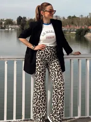 HH Leopard Print Pant For Women Fashion Vintage High Waist Slim Trousers Female Streetwear Casual Straight Pant