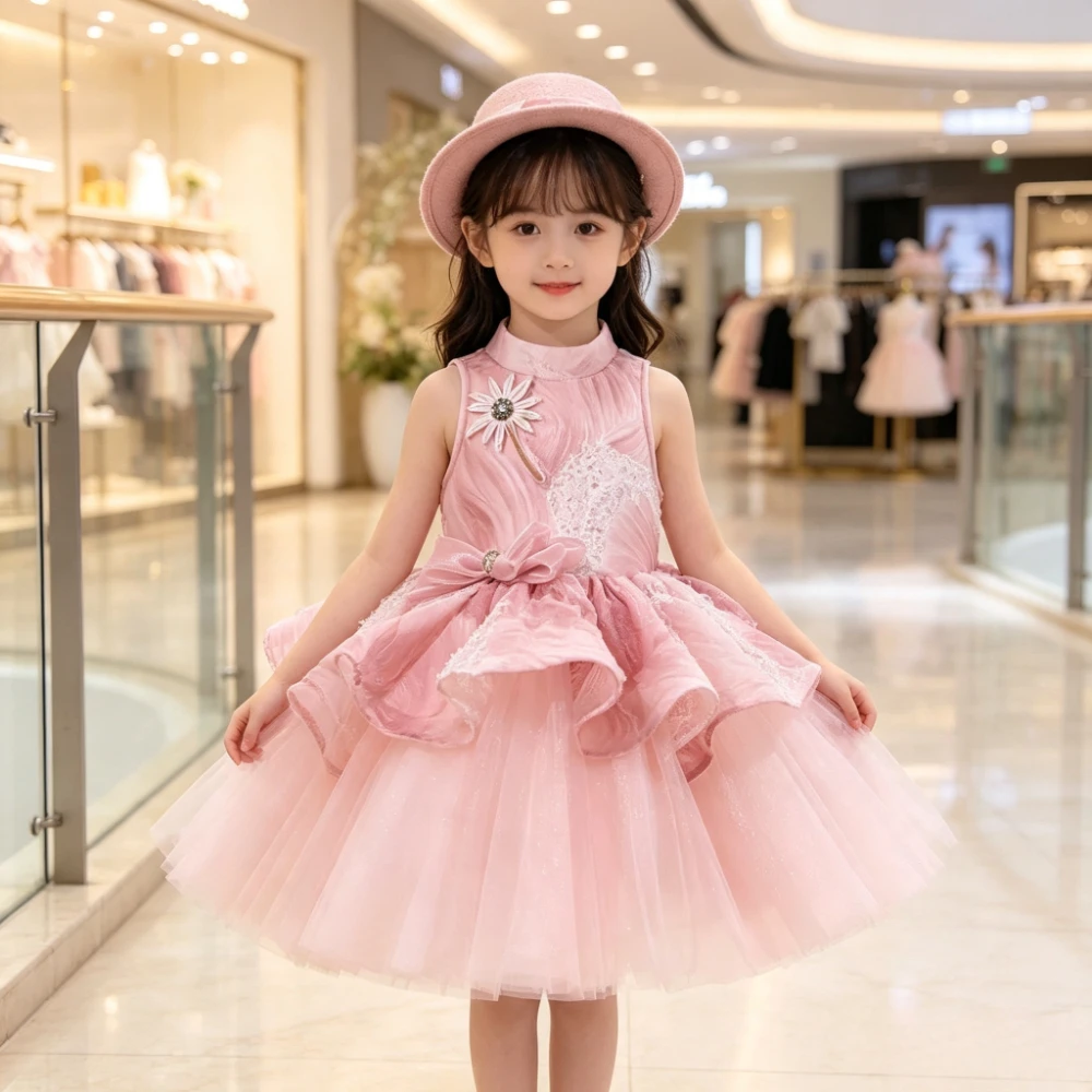 Children Girls Formal Princess Gown Clothing Flower Girl WeddingTutu Birthday Party Banquet Costume Little Kids Host Elegant