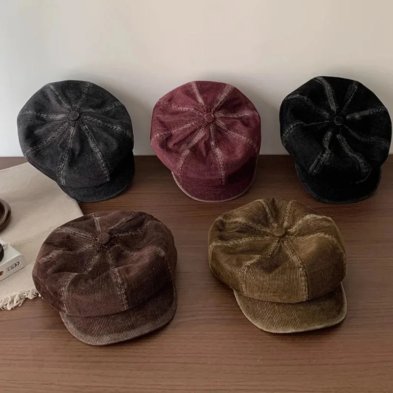 

Retro Corduroy Octagonal Berets for Women Spring and Autumn Casual Versatile Oversized Literary Newsboy Hats Men