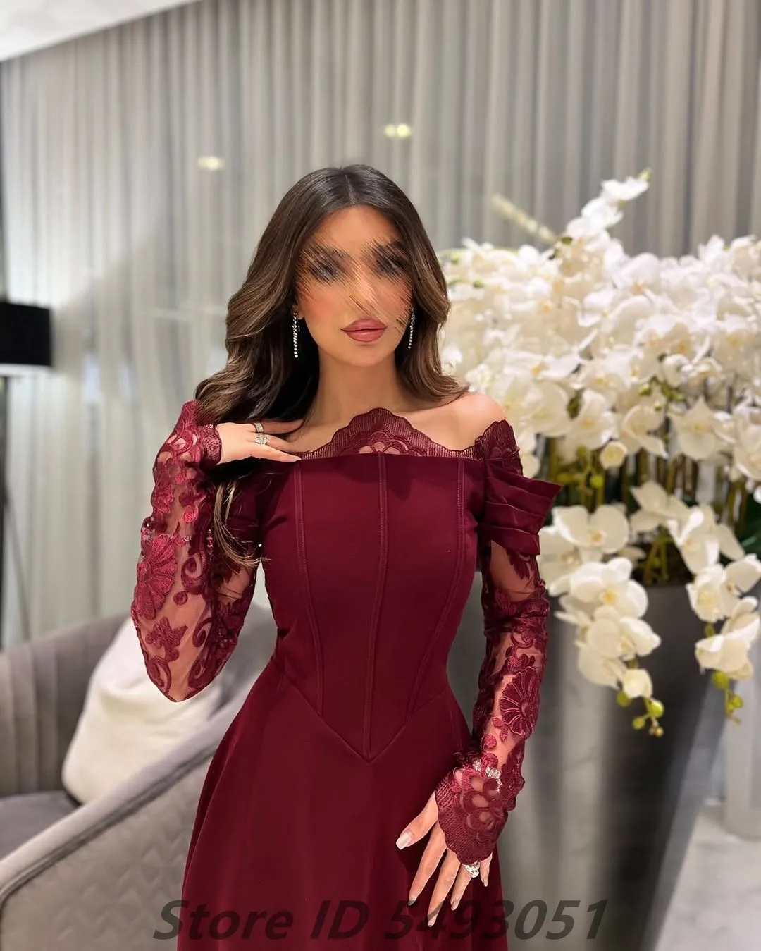 2025 Burgundy Evening Dress For Wedding Party Lace Long Sleeve Off Shoulder Prom Dress Saudi Arabic Party Gown Customized image 6