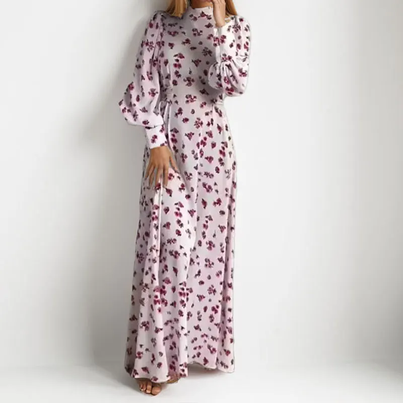 

2025 Spring Summer Women's Personality Elegant Temperament Commute Daily Stand Collar Patchwork Floral Lantern Sleeve Dress