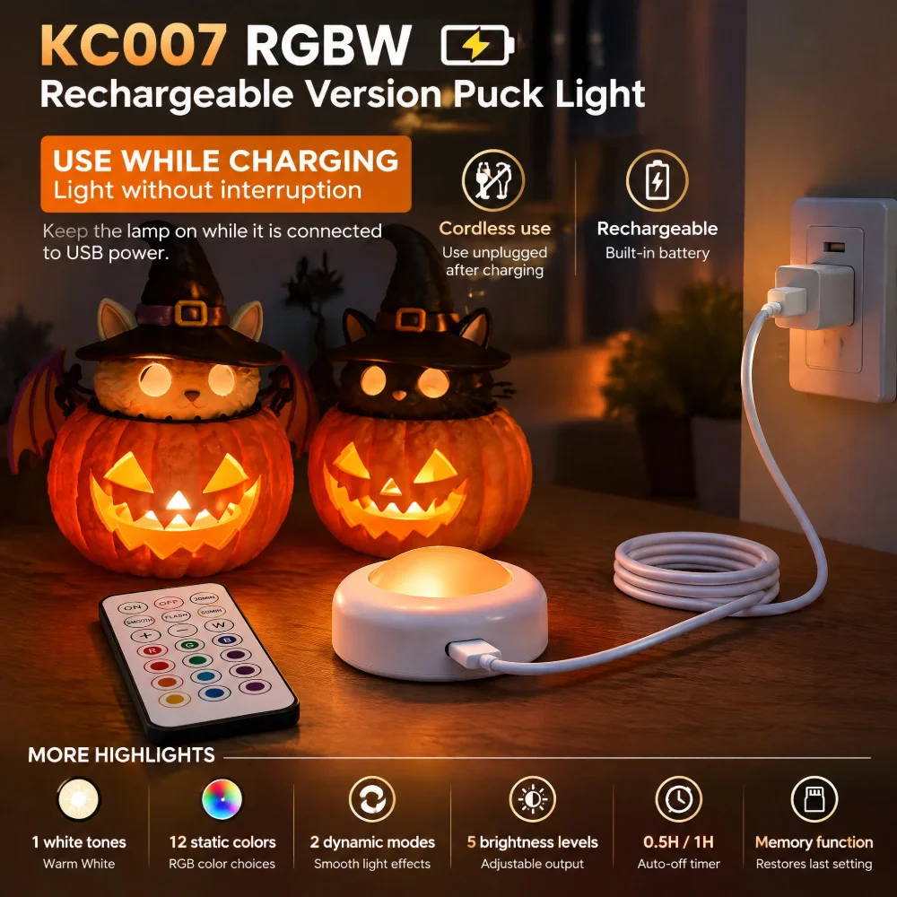 Upgrade Rechargeable Puck Lights For Bambu Lab KC007 DIY Models Adjustable RGBW Lamp Kit Wireless Remote Puck Light Rechargeable