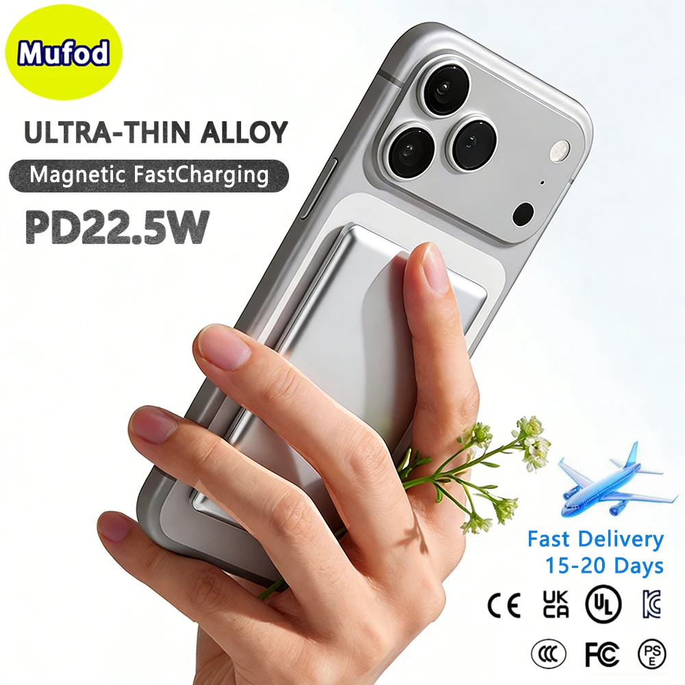 Mufod Bateria Externa Portátil 10000mAh Ultradelgado Aleación Aluminio Magnético Inalámbrico Carga Rápida PD22.5W Power Bank Para Magsafe iPhone 17 16 15 Android Móvil Energía Type C Carga Bidireccional Powerbank