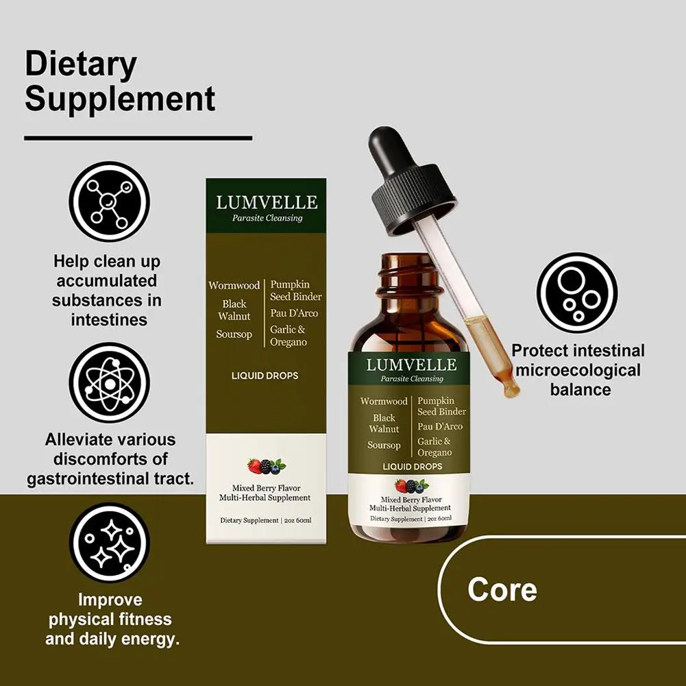 60ml Lumvelle Multi Plant Mixed Intestinal Care Drops,Wormwood Black Walnut Body Care Supplement Ampoule Body Relief Care Drops