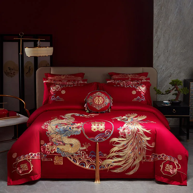 

Red Chinese Wedding Bedding Set Luxury Egyptian Cotton Gold Dragon Phoenix Embroidery Tassel Duvet Cover Bed Sheet Pillowcases