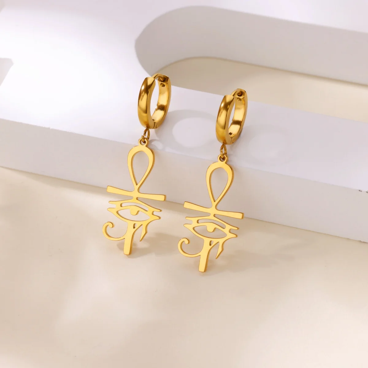 Egyptian Eye of Horus Dangle Earrings For Women Men Ancient Egypt Inspired Gold Color Cross Earrings Stainless Steel Jewelry