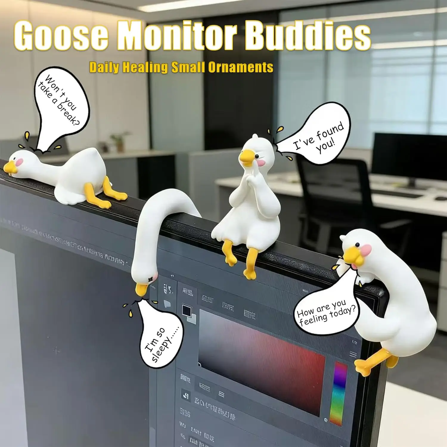 4PCS Funny Resin Desk Goose Decor , Mini Cute Goose Figurines for Computer Monitor, Car Dashboard and Rearview Mirror