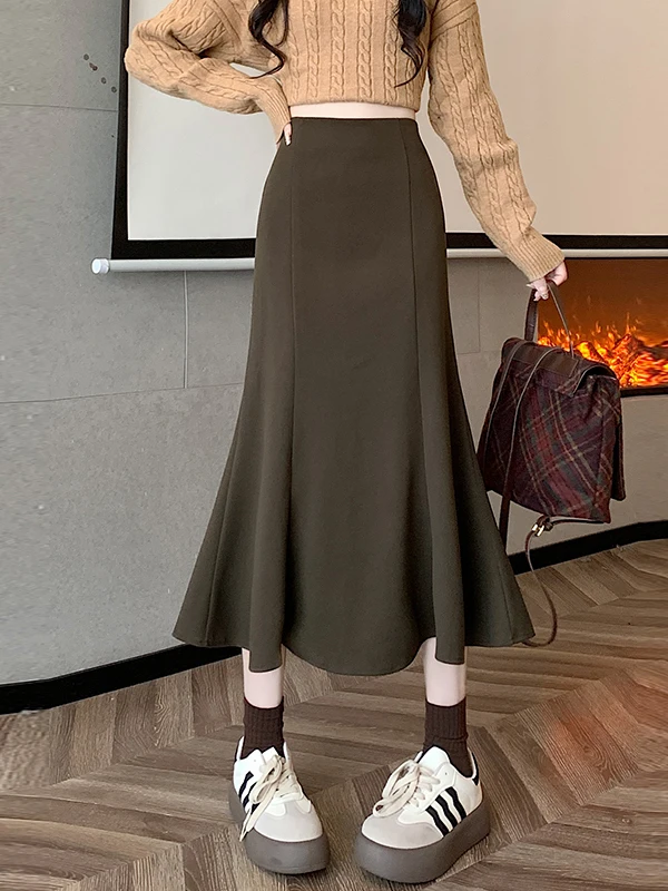 

Caramel Long Tail Finet Woolen Skirt Women's Autumn Winter A-Line Bodycon Step-On Lotus Bern Long Skirt Commute Sle