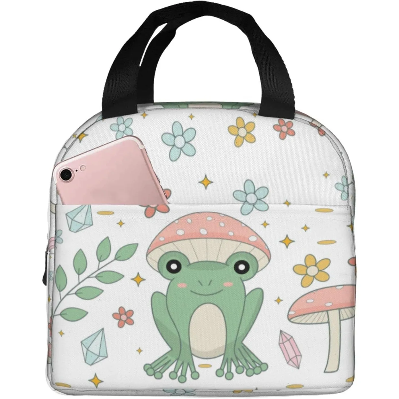 

Cute Frog and Mushroom Lunch Bag for Women Men, Reusable Frog Insulated Lunch Box Container with Frond Pocket for Work