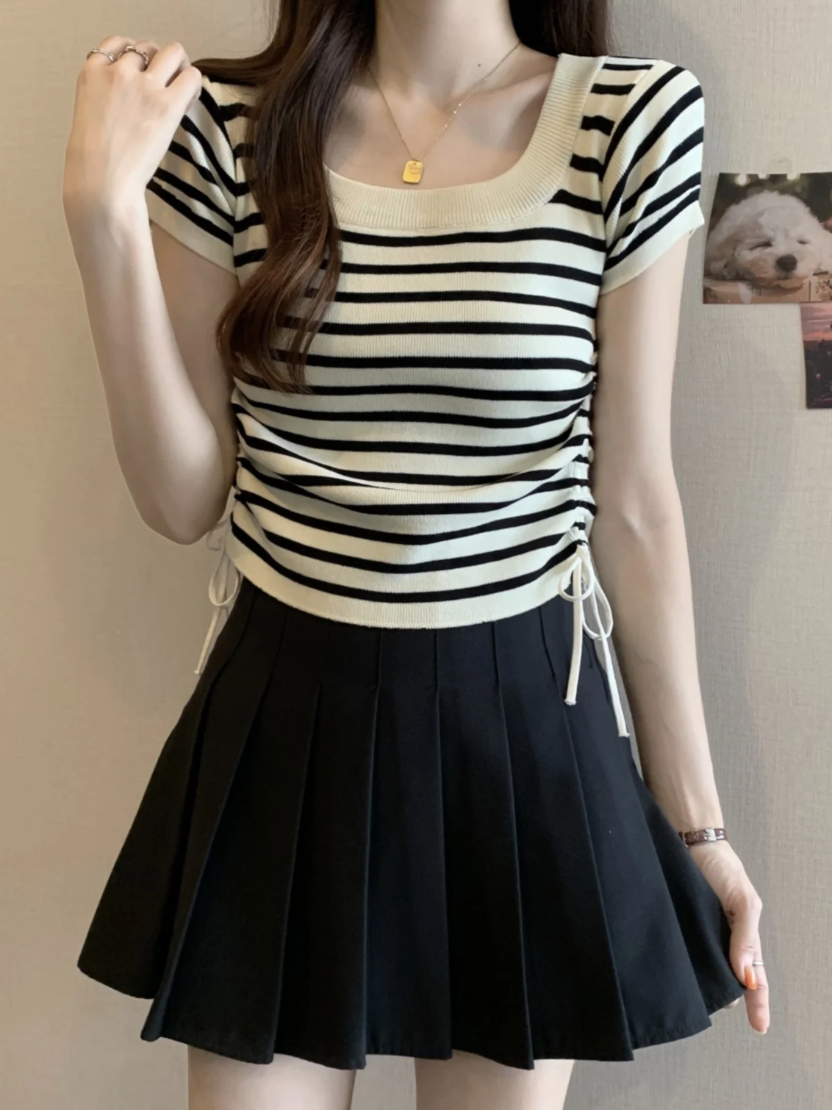 

Slimming Stripe Ice Silk T-Shirt Women's Summer Fashion Large Size Drawstring Short Sleeve Square Collar Cute Small Shirt