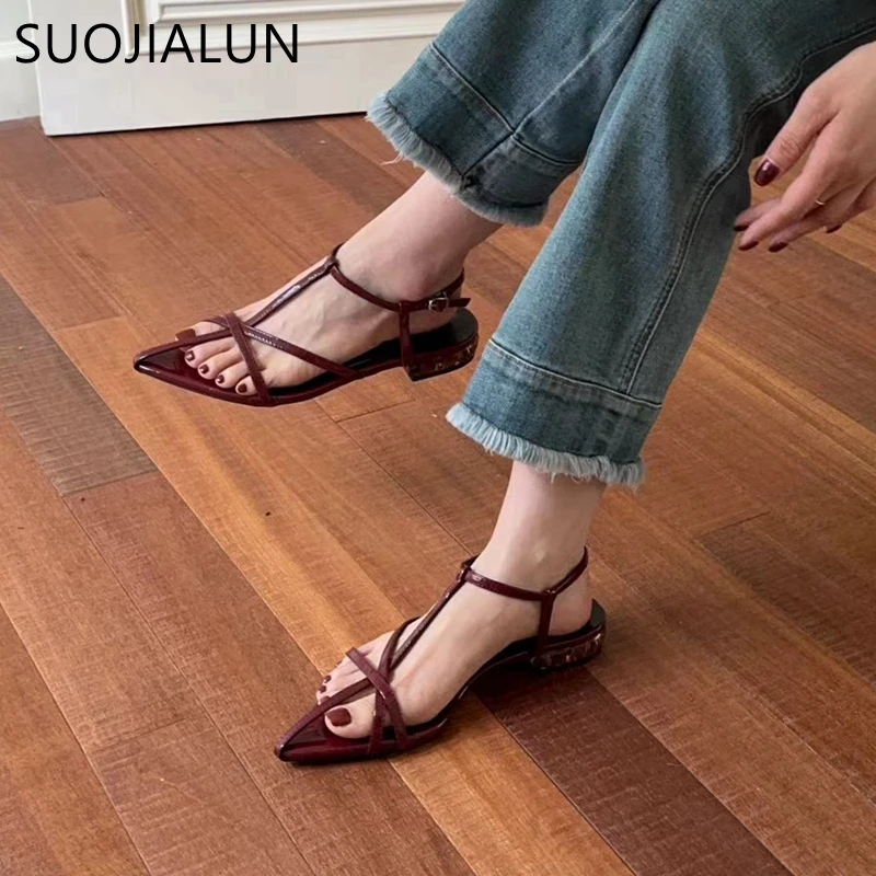 SUOJIALUN 2024 Summer New Brand Women Sandal Fashion Narrow Band Ladies Elegant Dress Gladiator Shoes Pointed Toe Outdoor Slide
