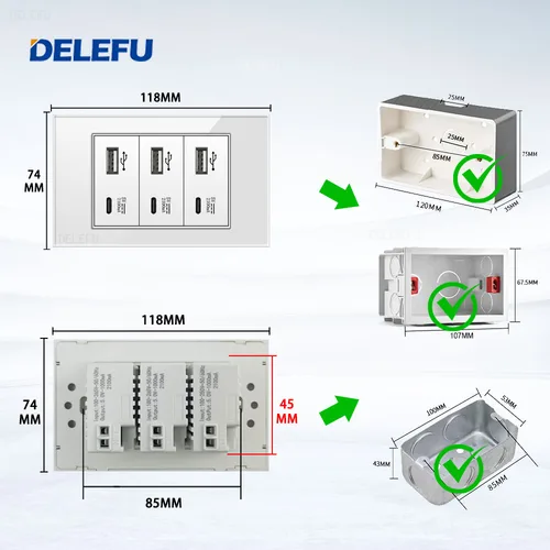 Imagen 2 del producto DELEFU 4*2 negro blanco gris Panel de vidrio templado completo todas las carga tpye-c enchufe de pared USB 118*74mm 2.1A 5V toma USB