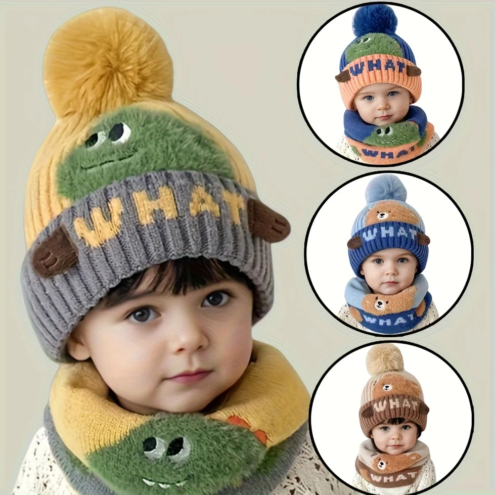 

Hat Autumn and Winter Youngsters's Thickened Warm Ear Protection Hat Scarf Windproof and Cold-proof Hooded Hat 3-8 Years Old
