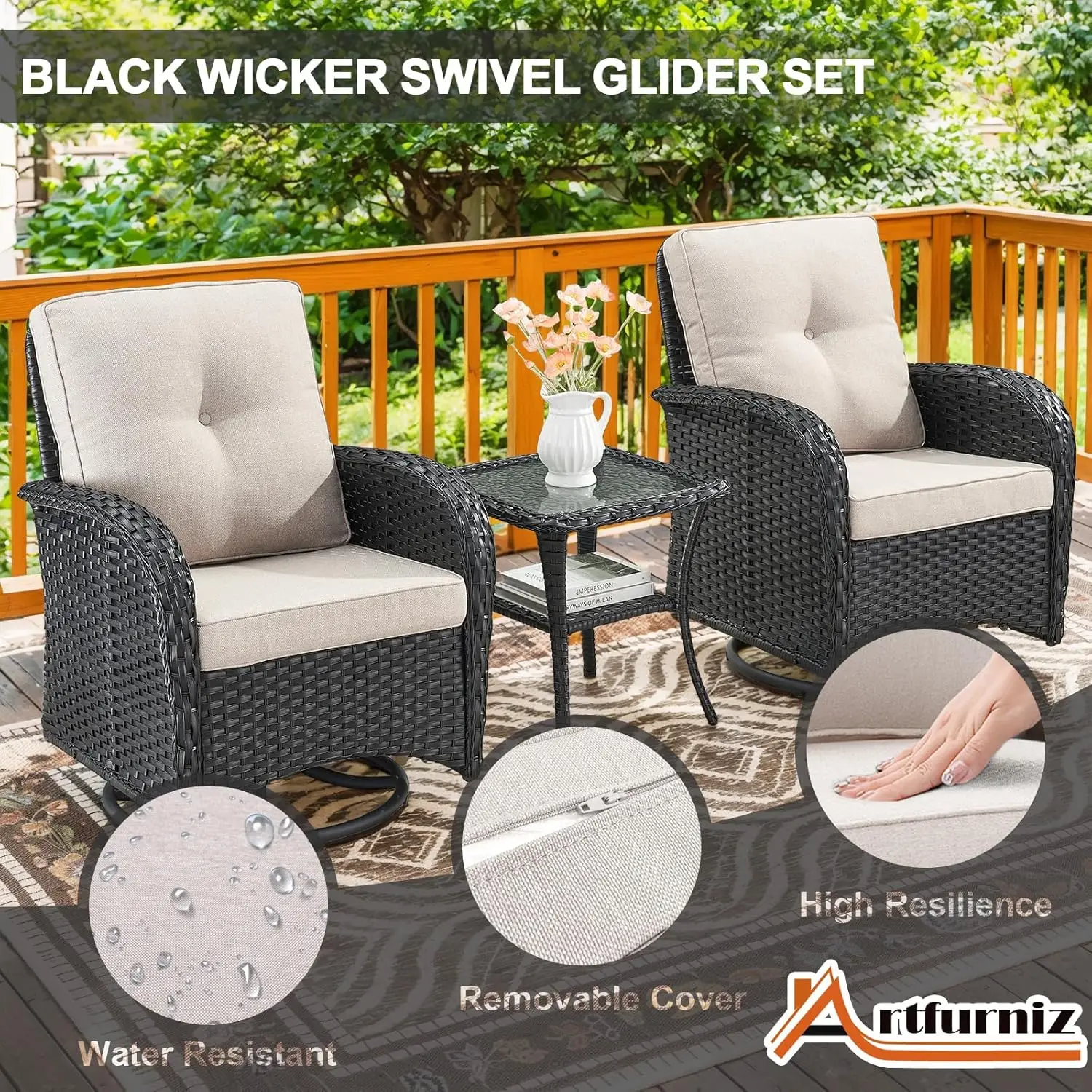 Outdoor Swivel Glider Rocker Chairs-Patio Furniture Set, Patio Bistro Sets with Tempered Glass Side Table, for Balcony, Porch