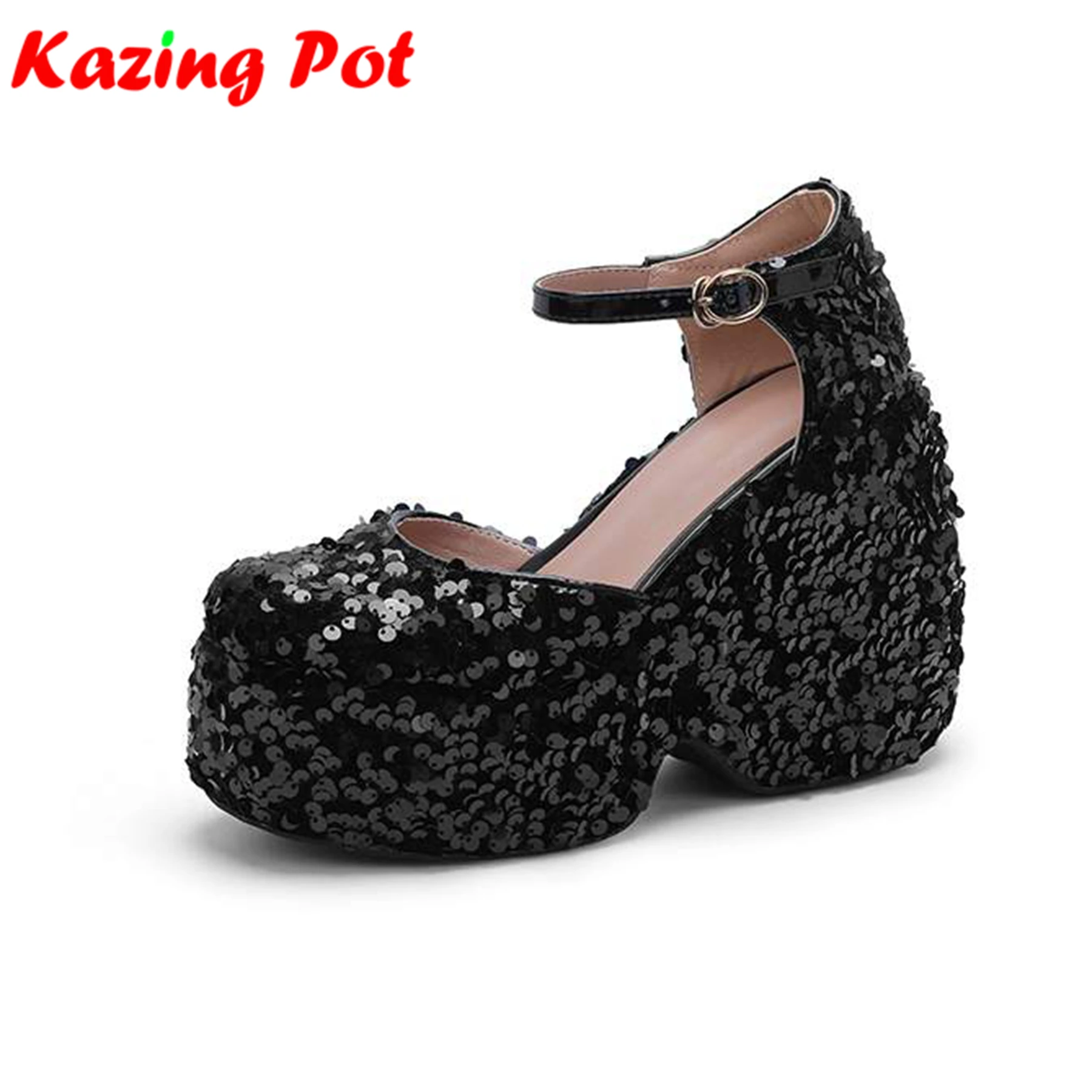 

Krazing Pot Sequined Cloth Thick Bottom Summer Shoes High Heels Autumn Casual Brand Platform Women Waterproof Buckle Strap Pumps