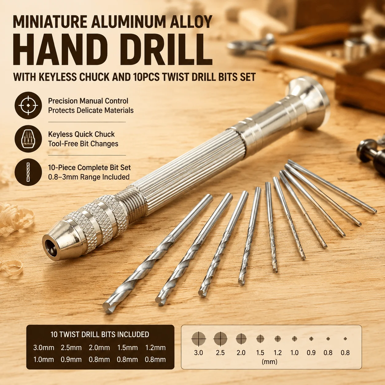 Precision Mini Hand Drill Keyless Chuck With 10Pcs Twist Drill Bits Set Aluminum Body Jewelry Making DIY Craft Woodworking Tool