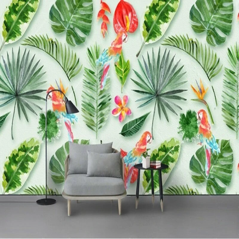 

Nordic minimalist hand-painted birds tropical plants TV sofa luxurious home decoration background wall