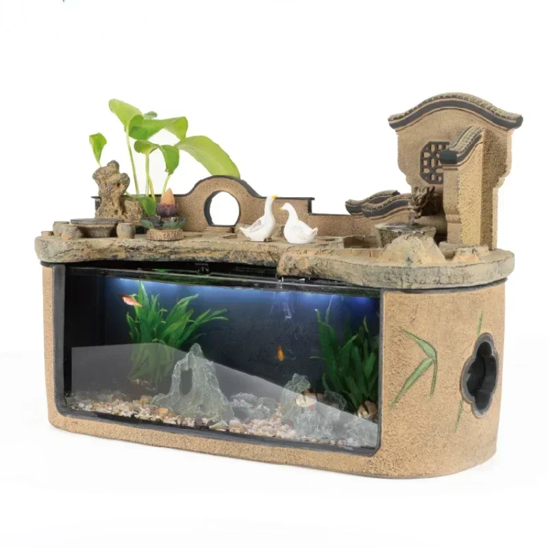 

Fish tank living room rockery flowing water ornament next to Chinese TV cabinet