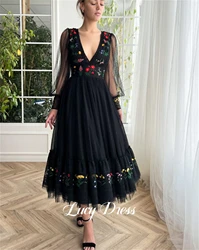 Lucy Prom Black Floral Embroidery Fabric Medium Length Party Dress Lace Cocktail Women's Evening Elegant Dresses Luxury Gown