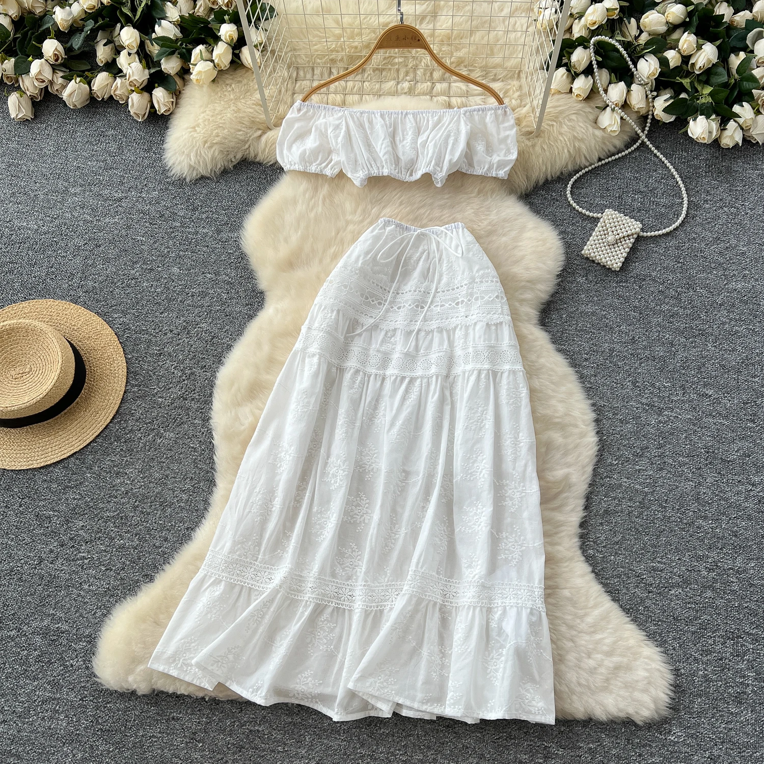 Sexy Embroidered vintage hollow out bohemian dress off shoulder Elastic Bodycon Elegant Women Summer Korean Fashion Vestidos