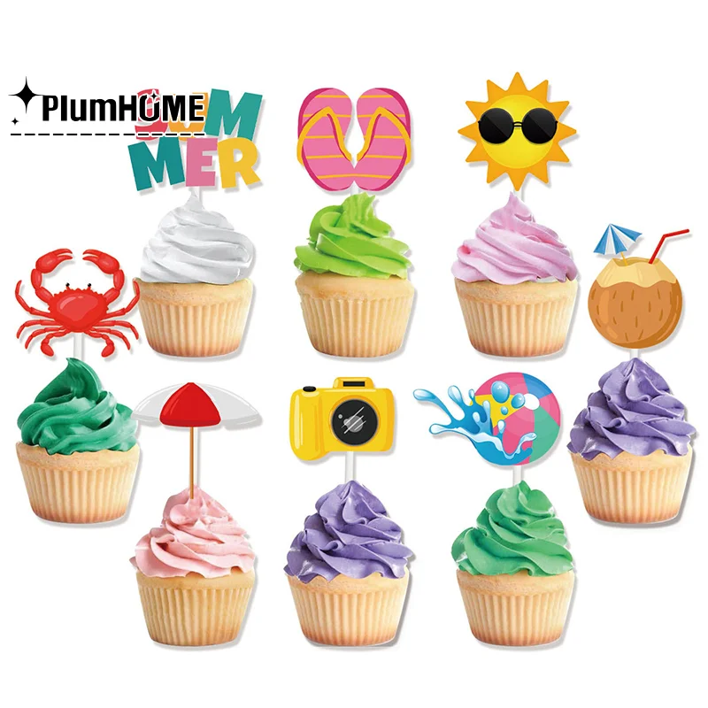 New 12PCS Summer Beach Themed Cupcake Decoration For Children's Birthday Parties Cake Decoration