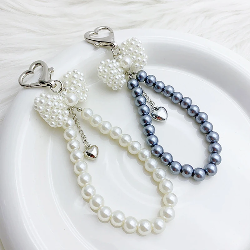 Y2K Fashion Imitation Pearl Bowknot Keyring Korean Bow Beaded Keychain Keycord Bag Pendant Decoration For Girl Gifts