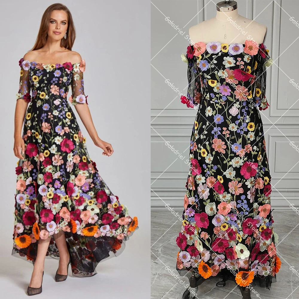 Off Shoulder Bloemenapplicaties Kant Hoge Celebrity Jurk Boot Hals Halve Mouwen Kleurrijke Onregelmatige Bloesem Thuiskomst Jurk