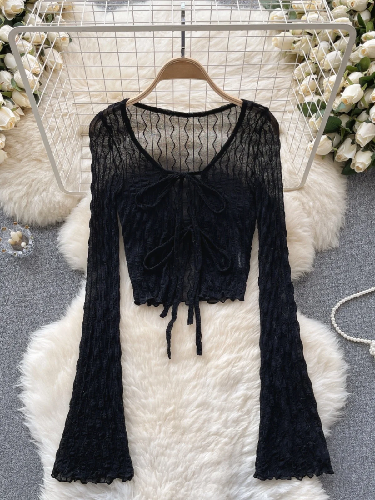 우아한 긴 소매 오픈 카디건 여성 패션 디자인 숄 칼라 레이스 바인딩 슬리브 얇은 디자인 통근 스타일 겉옷