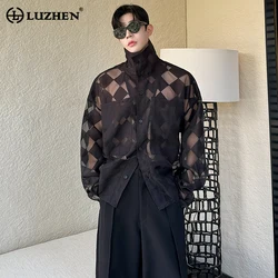 LUZHEN Plaid Pattern Translucent Design Long Sleeve Shirts Personalized Trendy Street High Quality Korean Men's Clothes LZ3994