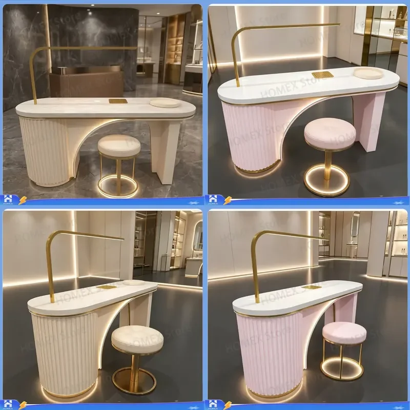 Custom Modern Luxury Beauty Salon Workbench Marble Counter Wooden Manicure Table Set with Vacuum Cleaner Professional Nail
