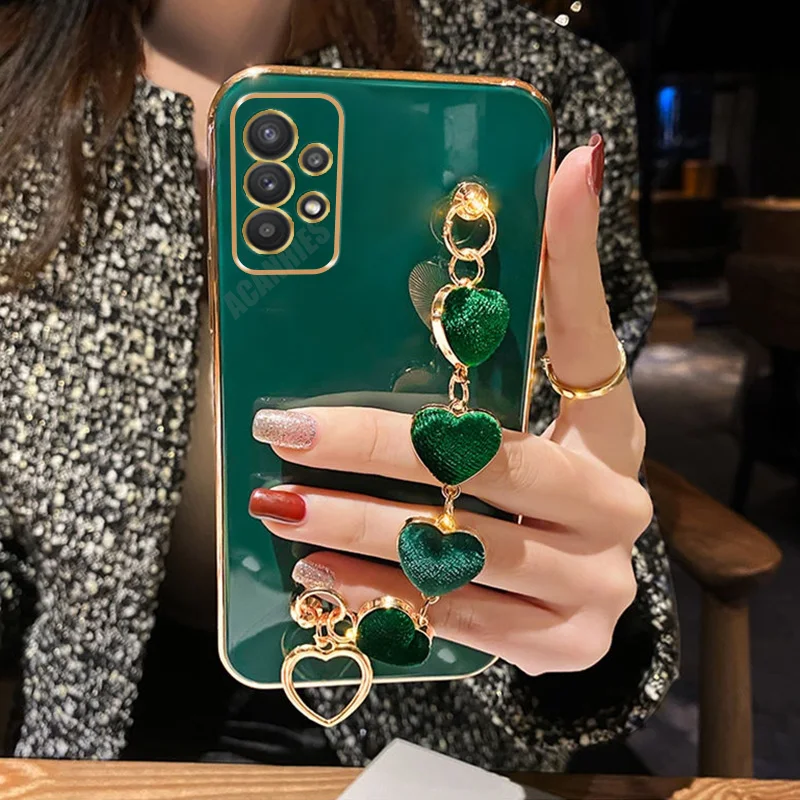 Love Heart Bracelet Plating Case On For Samsung Galaxy A52 A53 A73 A13 A32 4g 5g Chain Silicone A 52 32 13 73 A72 A23 A33 Cover