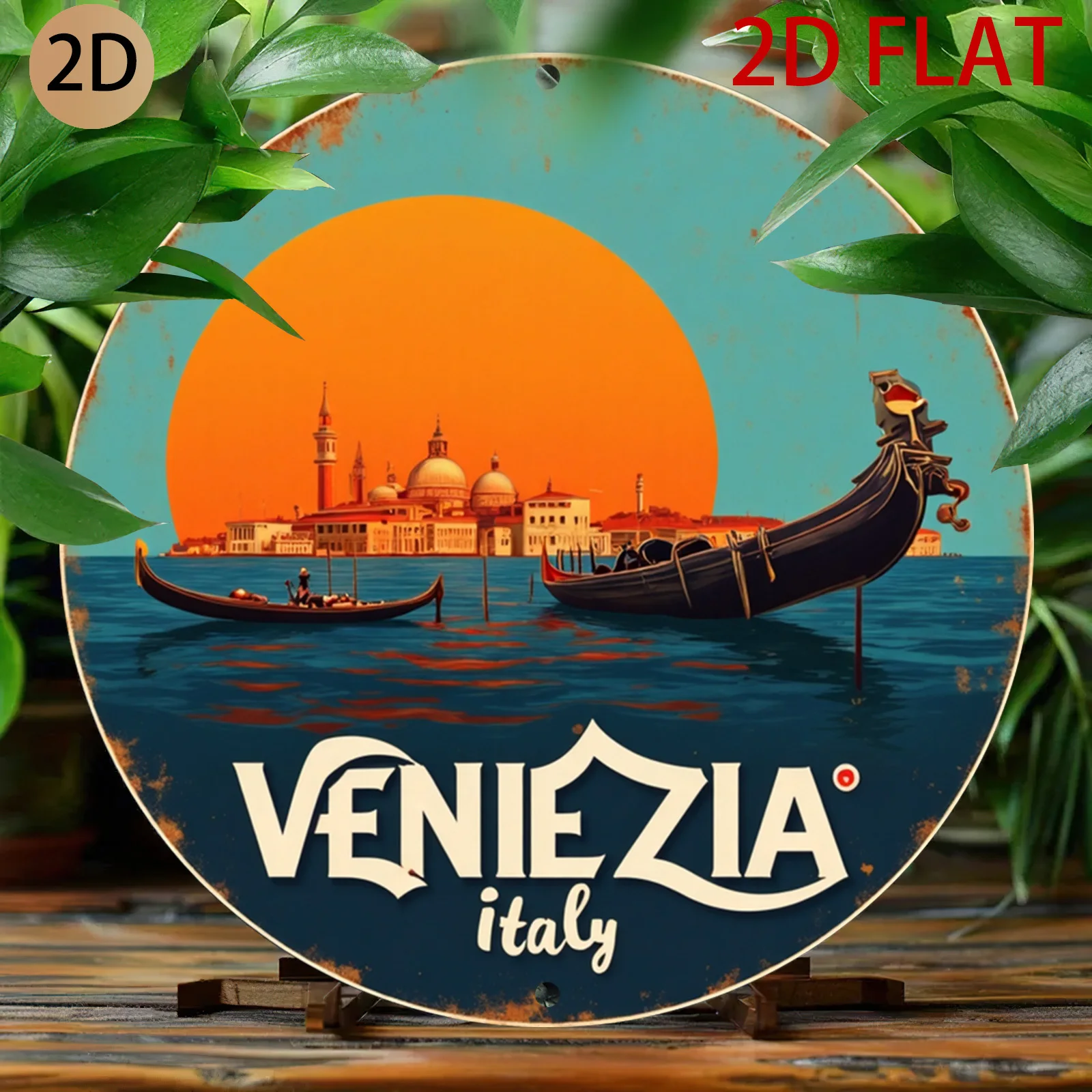 2D Flat, 2d Flat Vintage Metal Sign Venezia Italy Gondola Sunset Travel Poster Round Wall Art Decor for Cafe Bar Patio Home Deco