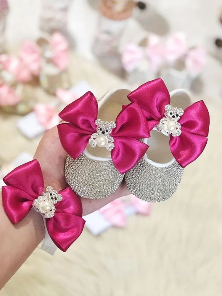 6. Dollbling Delicate Apricot Butterfly Baby Shoes Headband Set Luxury Diamond Fluff Outfit Red Bottom Little Girl Baptism Shoes