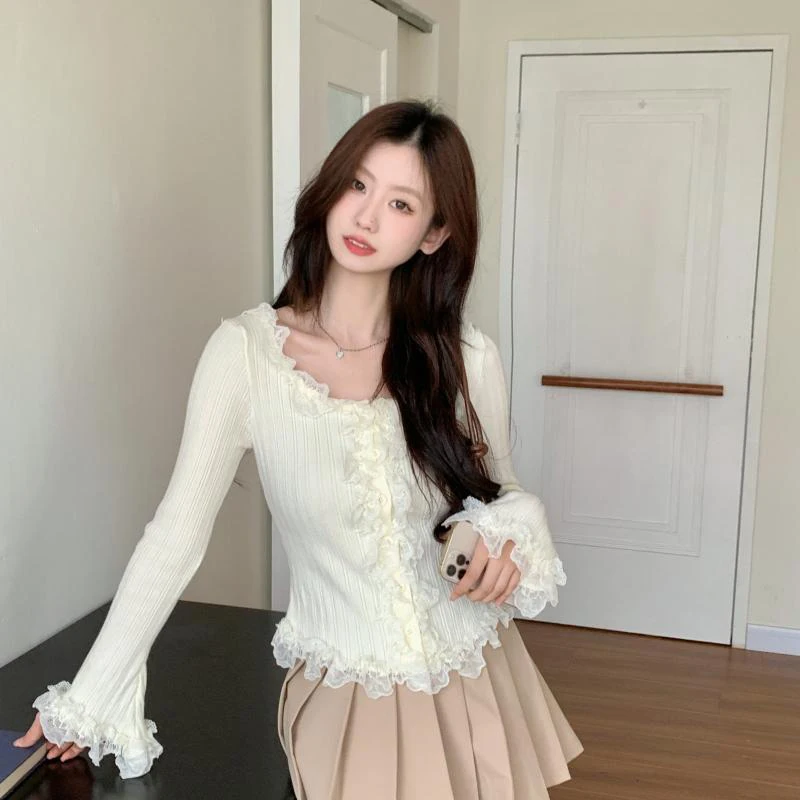 Elegant Cropped Knitted Cardigan Women Lace Patchwork Sweater Coat Y2K Korean Slim Knitwear Sweet Fashion Tunic Jumpers Tops New