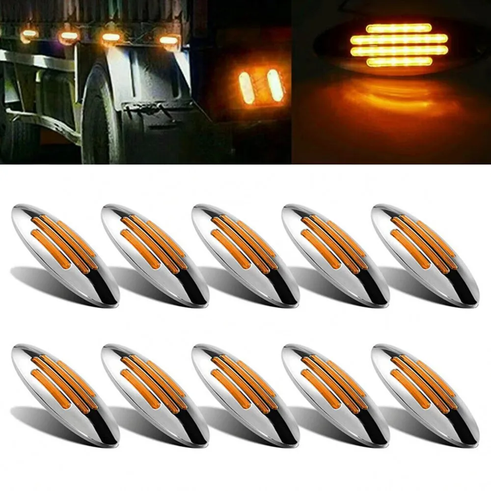 10PCS Truck Side Marker LED Light Turn Signal Light Amber Semi-Trailer Truck LED Marker Side Light Oval Chrome Base