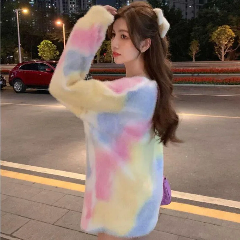 Sweet Gentle Rainbow Gradient Imitation Mink Sweater Women Outside Wear Loose Long Warm Sweater Fall Winter Soft Waxy Knit Tops