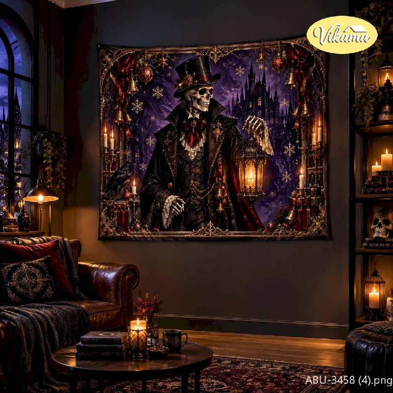VIKAMA Gothic Christmas Tapestry Wall Hanging Skeleton Gentleman Sleigh Gifts Moon Castle Winter Creepy Decor