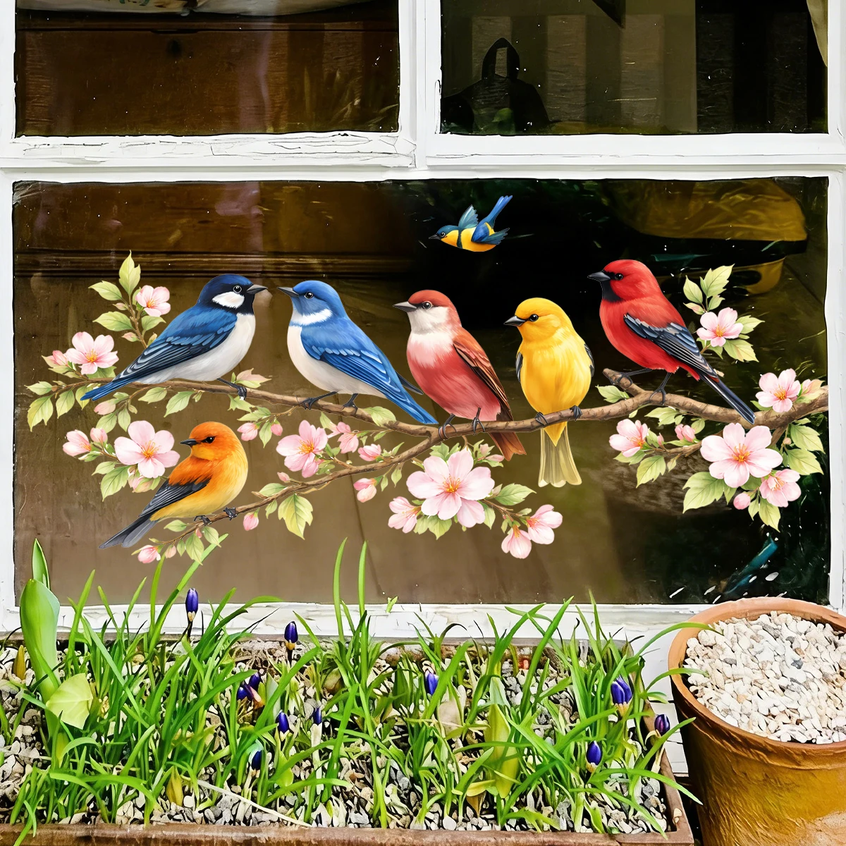 Watercolor Birds & Cherry Blossoms Window Stickers,Static Clings,Colorful Bird Floral Decals for Home Office,Spring Home Decor view 4